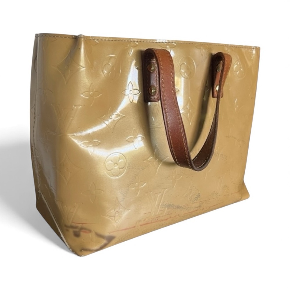 Louis Vuitton Gold Monogram Vernis Tote Vachetta Handles Patent Leather Vintage - Picture 5 of 8